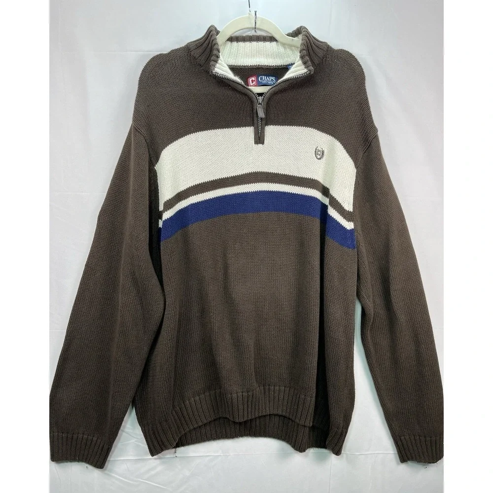 Chaps Ralph Lauren Brown Sweater White Blue Striped 1/4 Zip Pullover Mens Sz 3XL
